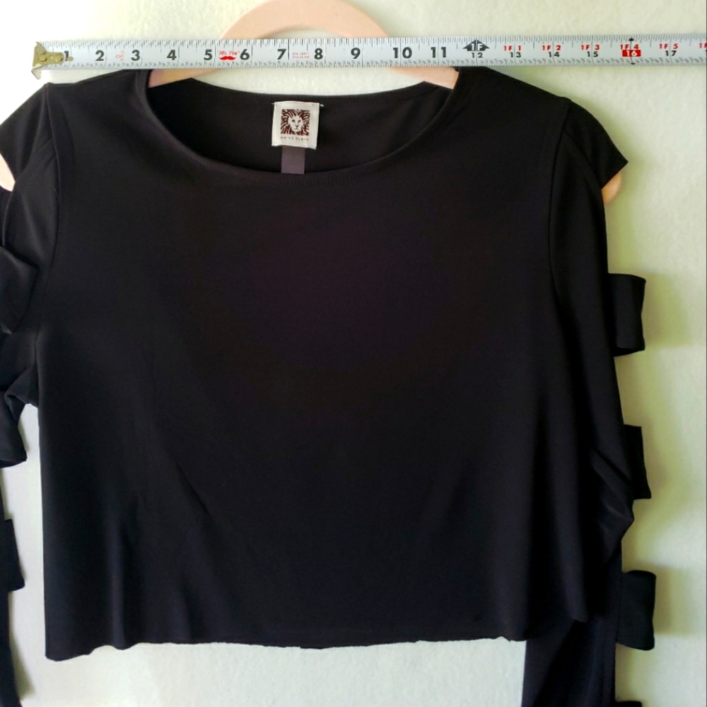 Anne Klein Cut Out Crop Top Long Sleeve Raw Edge Loose Fit - Picture 2 of 8